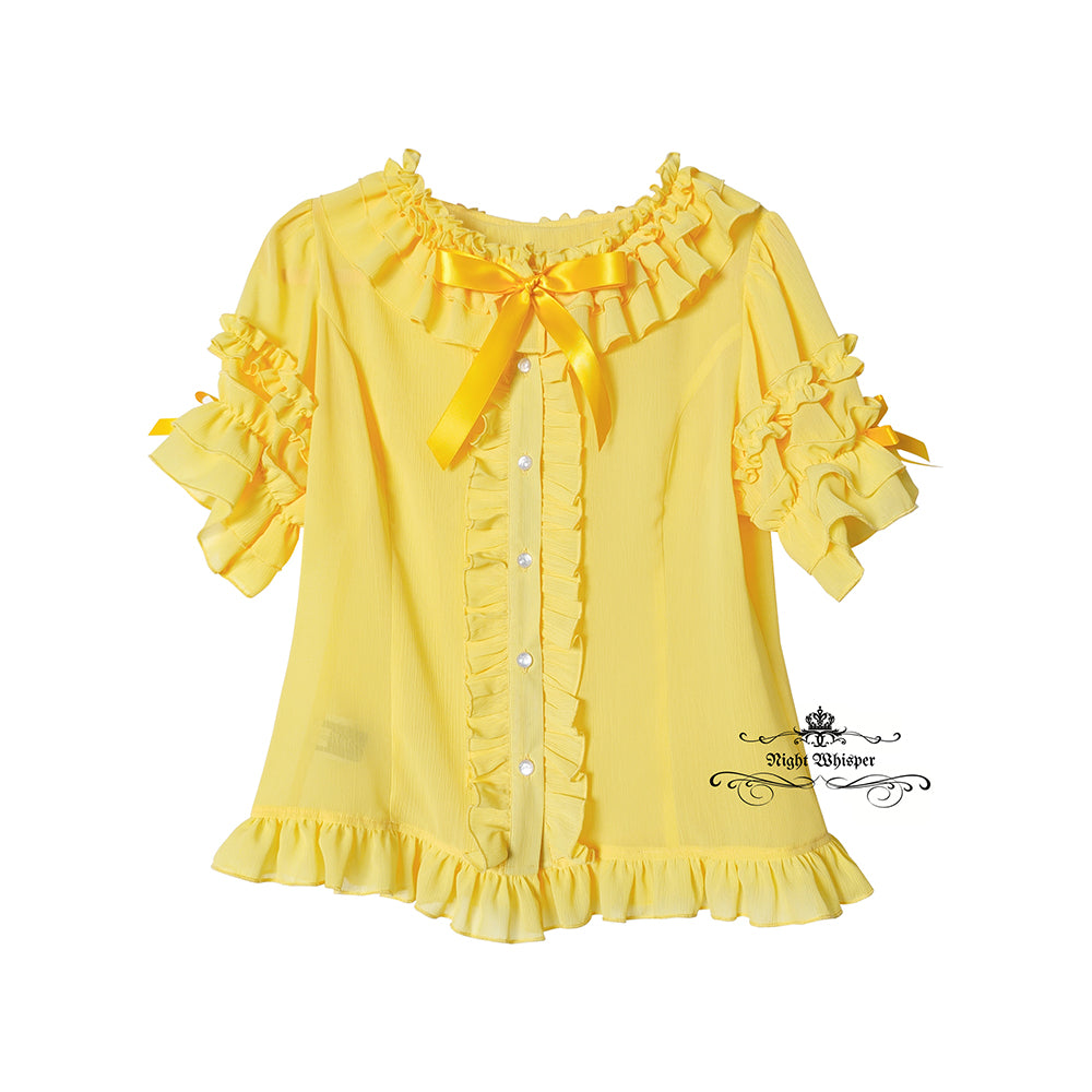 Button Down Chiffon Light Blouse - Yellow