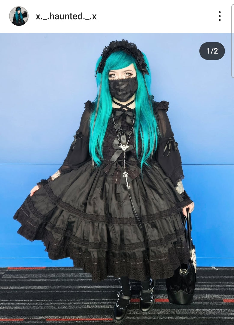3 Tier All Black Classic Lolita Dress (with pockets)