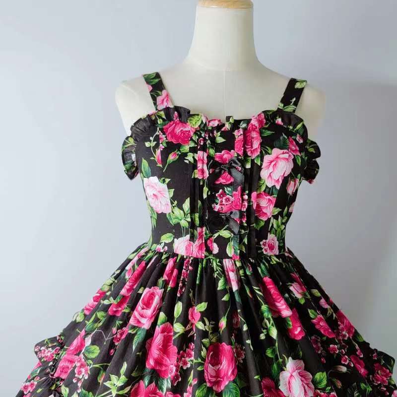 In stock, Black Floral JSK, Elegant Classic Rose Lolita Dress